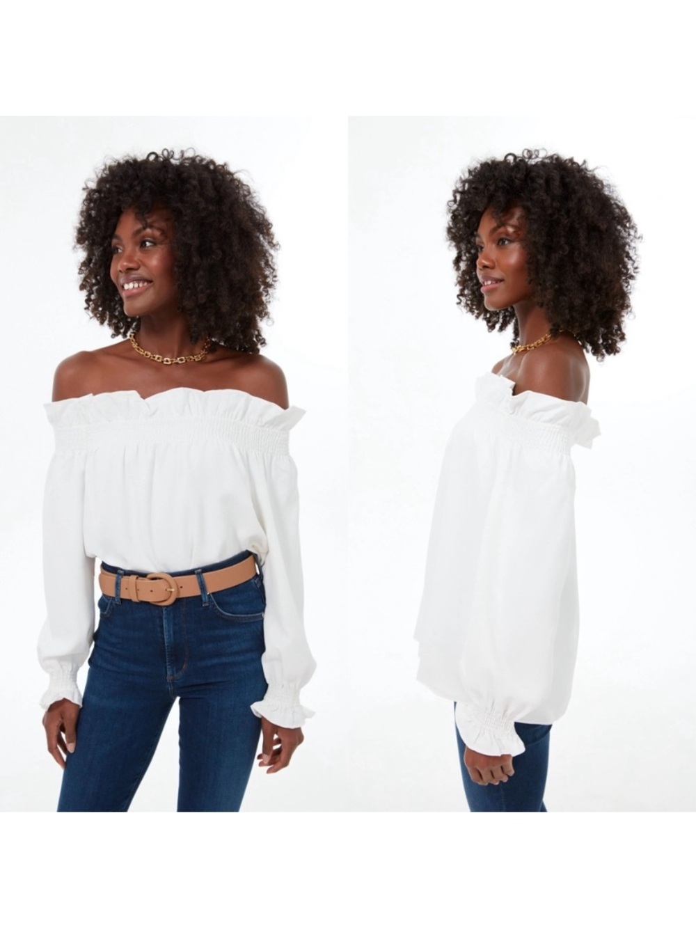 Tuckernuck Marguerite White Off Shoulder Smocked Ruffle Blouse M